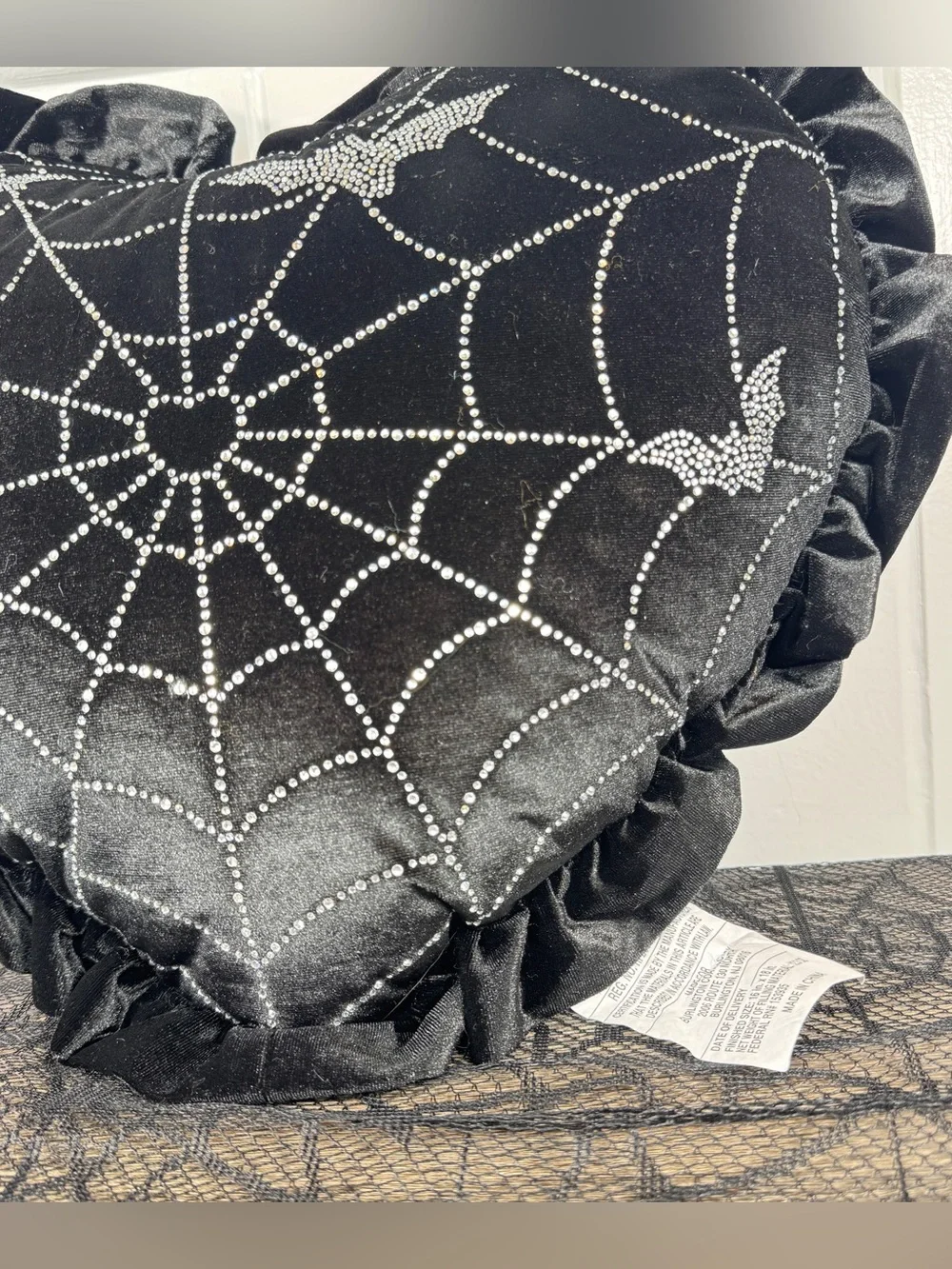 NEW Spooktakular Black Heart with Rhinestone Bats and Spiderweb Halloween Pillow